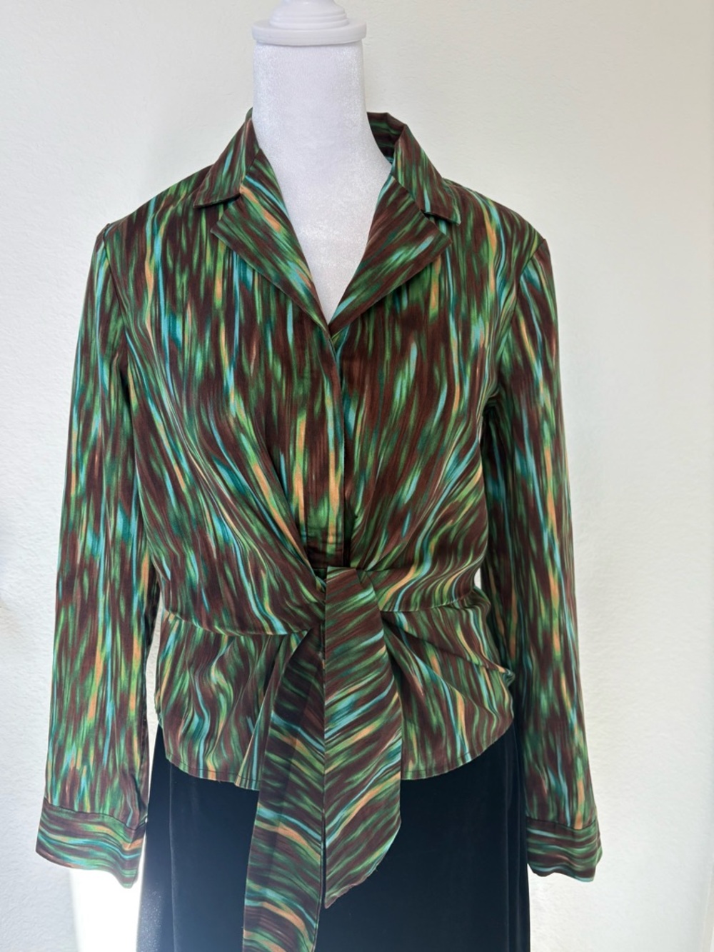 Jones New York Green and Brown Tie-Front Blouse
